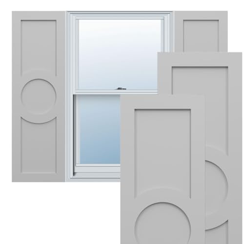 18"W x 29"H True Fit PVC Center Circle Arts & Crafts Fixed Mount Shutters, Primed (Per Pair - Hardware Not Included)