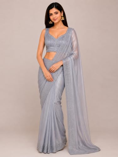 Image of TRENDMALLS Women's Dhupion Silk Embroidery Sequence Work V Neck Sleeveless Blouse Choli Stylish Saree Blouse Ready to Wear