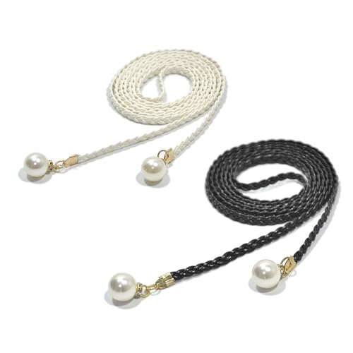 2Pcs Fashion Woven Waist Rope Adjustable Laceup Waist Belt with Pearls Decors for Women Dresses and Skirt All Matching4