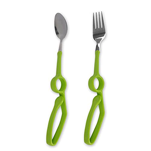 Juego de utensilios adaptativos para comer, cuchara y tenedor con mango curvado antisacudidas, fácil agarre, para ancianos, parkinson, artritis, vajilla de ayuda para el comedor (2 piezas)