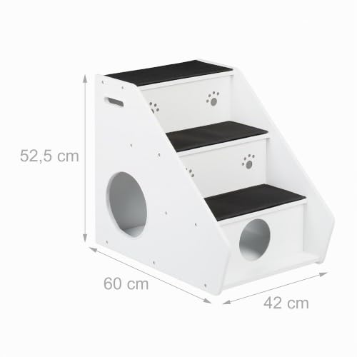 Relaxdays Hundetreppe 3 Stufen, Hunde & Katzen, HBT 52,5x42x60 cm, Haustiertreppe Teppich, Bett & Couch, weiß/schwarz