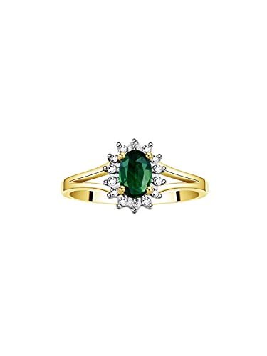 Image of Rylos Halo Ring: Diamond Birthstone with 6X4MM Oval Gemstone - Women's Jewelry in Yellow Gold Plated Silver - Stunning Diamond Ring Sizes 5-10