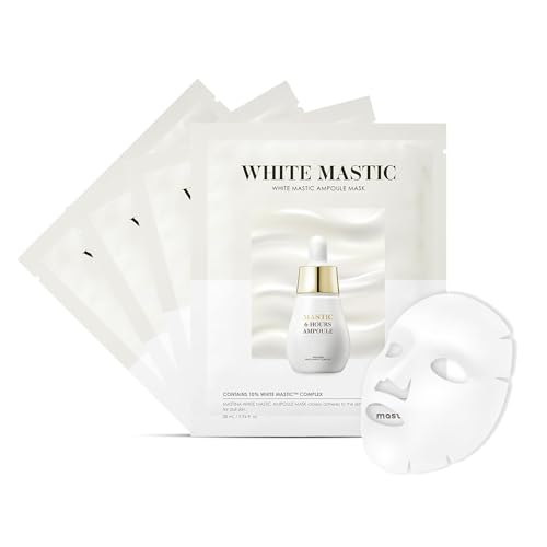 MASTINA White Mastic Ampoule Sheet Mask – 4 Sheets, Fermented Mastic Gum & Niacinamide Essence, Brightening and Deep Hydration Korean Facial Mask