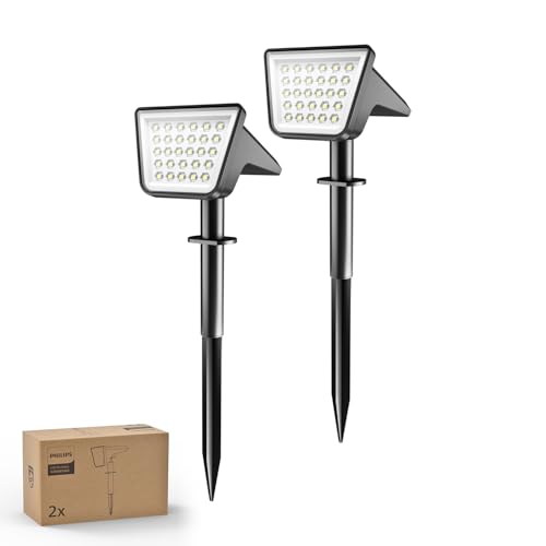 Philips Lot de 2 Projecteurs Spots Lampes Solaires d'Extérieur Étanches, 28 LED 7500K, Éclairage Paysager pour Jardin, Allée et Pelouse, Fonction Crépuscule à...