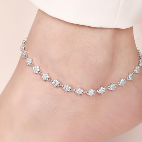 925 Silver CZ Floral Rhodium Chain Anklet Pair