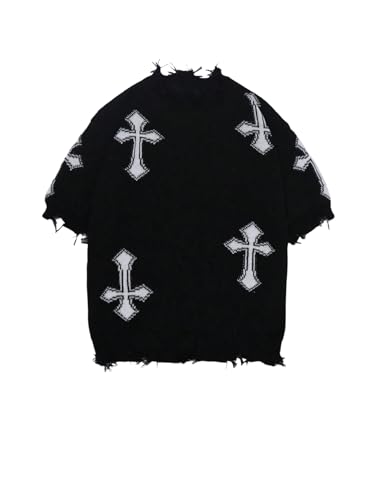 Men's Cross Print Sweater Top Raw Hem Short Sleeve Crew Neck Knit Crochet T Shirt