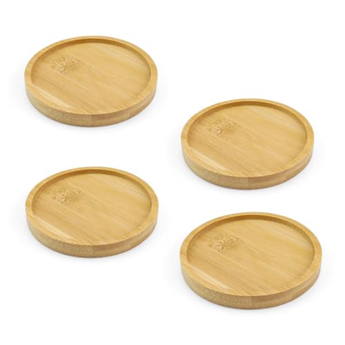 0XBIT Kerzenuntersetzer, 4 Stück Kerzenteller, Untersetzer Holz 8 x 8 cm, Rundes Rillendesign, rutschfest, Geeignet für Trinkgläser, Kerzenhalter