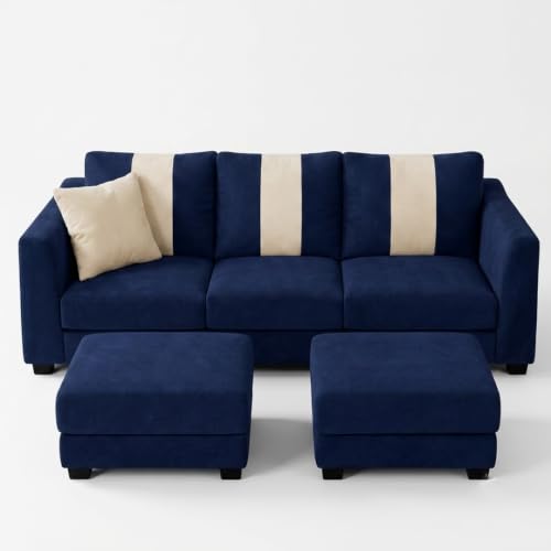 Image of Revo 5 Seater L Shape Sofa Set with 2 Movable Ottomans | Flexible Layout | Luxury Velvet Suede Fabric | Modern Living Room Sofa | Dark Blue