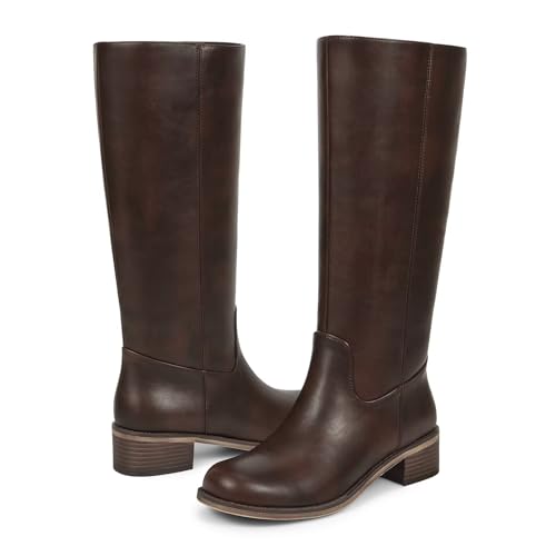 Image of ISNOM Knee High Boots for Women Round Toe Chunky Block Riding Tall Boots with Side Zipper and Low Heel