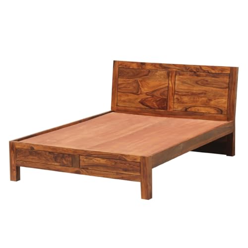 Image of Classic Panel Sheesham Wood Queen Size Bed Without Storage | Wooden Queen Size Double Bed Cot for Bedroom Furniture | Modern Palang Bed for Home & Hotels | Honey Finish