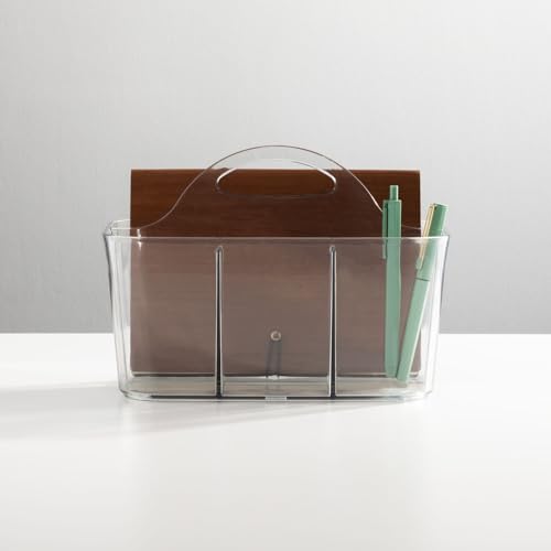 mDesign School Supplies Desk Organizer Tote for Scissors, Pens, Pencils, Notepads, Markers, Highlighters, Tape - Small, Clear