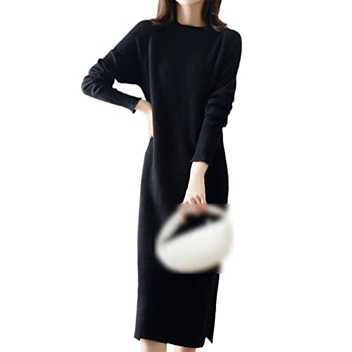 Robe en laine tricotée douce noire Kelsiop pour femme en taille L à col montant