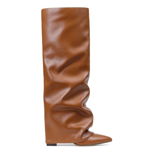 Image of SaraIris Women's Slouchy Knee High Boots - Black, Pointed Toe, Fold Over, Chunky, Shark Boots