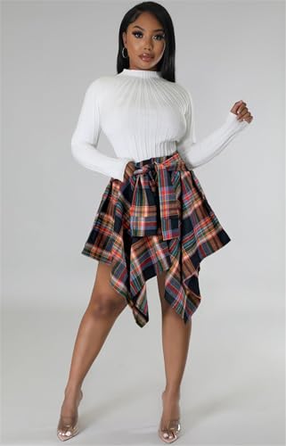 Women's Plaid Skirts High Waisted Knot Front Asymmetrical Hem Mini Skater Skirt2