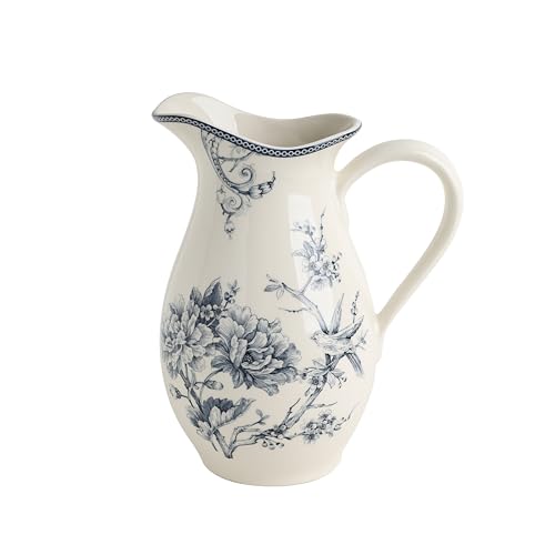 222 Fifth Adelaide Porcelain Pitcher, 100oz Blue & White Large Floral Serving Pitcher with Handle, Vintage Chinoiserie Ceramic Water Pitchers, Flower Vase for Table, Big Decorative Jug for Home Décor