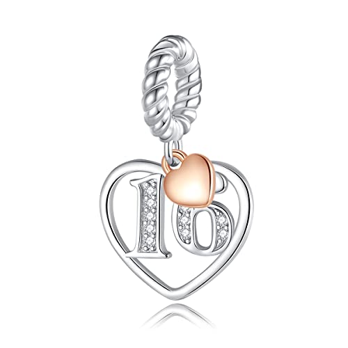 ABAOLALA Abalorio de plata de ley 925 con el número 10, 16, 18, 20, 21, 30, 40, 50, 60 años de amor con circonita cúbica en plata de ley 925, colgante de número con corazón de oro rosa, compatible con