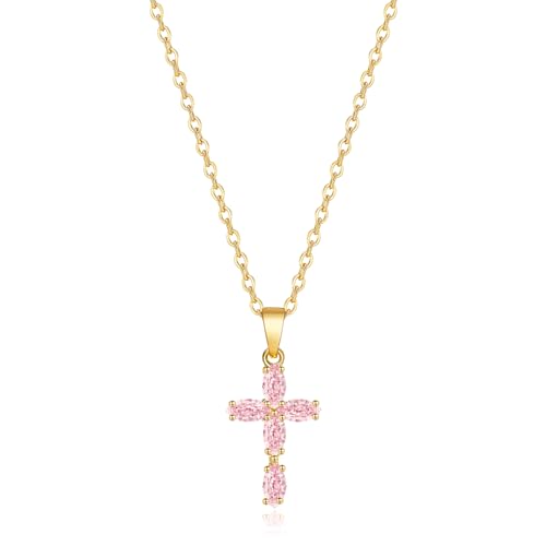 Cross Necklace for Women, 14K Gold Plated Birthstone Necklaces Cubic Zirconia Cross Pendant Necklace Dainty Gold Jewelry Gifts