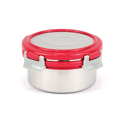Image of Signoraware Lock N Store Stainless Steel Round Container With Steel Lid | Airtight & Leakproof | Compact & Durable | Ideal for Snacks, Office, School & Travel Use (350ml | Red)