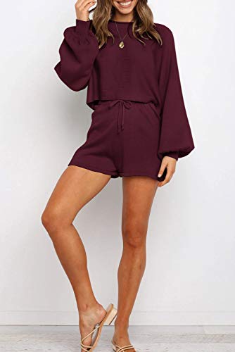 ZESICA Women's Casual Long Sleeve Solid Color Knit Pullover Sweatsuit 2 Piece Short Sweater Outfits Sets Wine