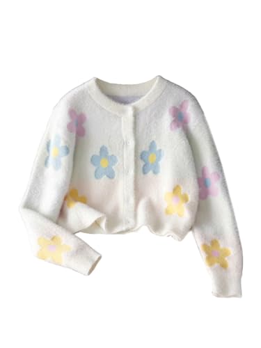 SHENHE Girl's Floral Cardigan Sweater Button Down Fuzzy Knit Cute Cropped Cardigan