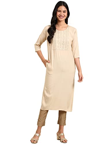Image of SHOWOFFFF Women Solid Straight Ethnic Kurta | Round Neck 3 /4th Sleeves Cotton Kurta for Womens | Regular Fit Calf Length Kurta for Women's