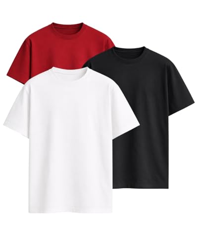 Image of VEL Plain 240 GSM Heavy Cotton Oversized T-Shirt Baggy Fit Drop Shoulder Half Sleeves Round Neck Solid Pure 100% Cotton T-Shirt for Men (Pack of 3)