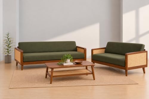 Image of Sainistree Sheesham Wood 3+2 Seater Sofa | Solid Wood Cane & Rattan Sofa for Living Room | Mid-Century Modern Accent Sofa | Green Upholstery, Teak Brown Finish (3+2 Seater)