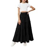 Girls Cute Bow Tiered Flowy Maxi Skirt Elastic High Waisted Summer Boho A-Line Long Swing Beach Skirts for 4-15 Years