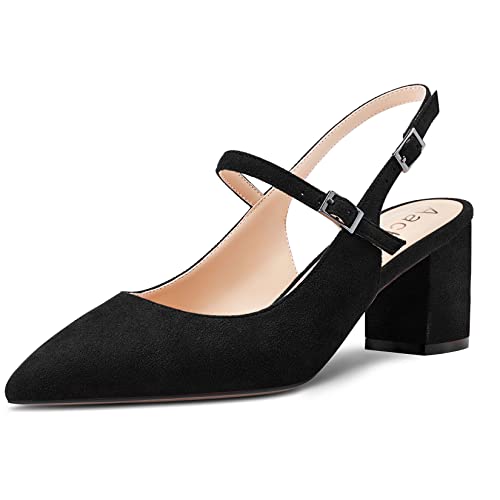 Aachcol Women Pumps Pointed Toe Ankle Strap Mary Jane Slingback Chunky Block Mid Heel Dress Shoes Suede Office Wedding Shopping 2.6 Inches