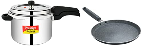 Image of Prestige Svachh Deluxe Alpha 6.5 Litre Stainless Steel Outer Lid Pressure Cooker & Prestige Omega Deluxe Granite Dosa Tawa, 28 cm, Black