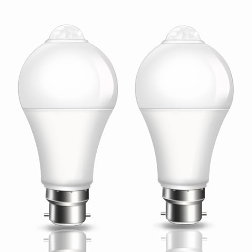 LED-Leuchtmittel mit PIR-Bewegungssensor, 9 W, BC B22 Bajonett-Glühbirnen, Kaltweiß, 6500 K, entspricht 60 W, automatisches Ein-/Ausschalten, B22-Bewegungsmelder-Glühbirne für Garage, Treppen, Flur, 2