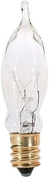 KOR (12 Pack) 7.5CFC/15/3 7.5W 120 Volt, Flame Candelabra Tip Chandelier Bulb, Clear CA5 Incandescent, Petite Decorative Lamp, E12 Candelabra Brass Plated Base, 40 Lumens, Dimmable.
