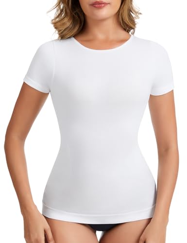 MISS MOLY Shapewear Damen T-Shirt Bauch Weg Kompressionsshirt Nahtloses Compression Shirt Figurformendes Tops Body Shaper Shirt Yoga Gym Top für Workout(Weiß,L)