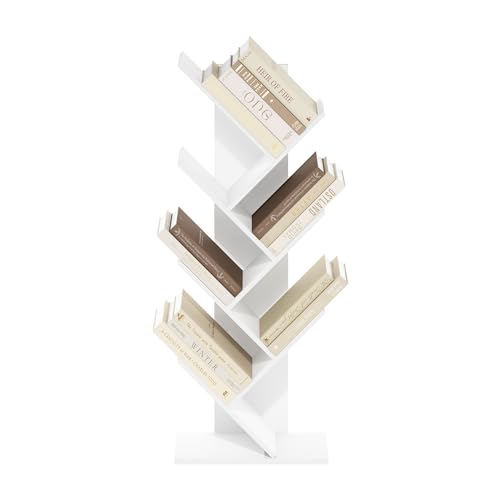 Image of Furinno Tree Book Shelf, 7-Tier Bookshelf with Angled Open Shelf, Tree Bookcase for Room Decor, 8.4 x 15.7 x 39.4, for Organization and Storage, for Living Room, Bedroom, Home Office, White