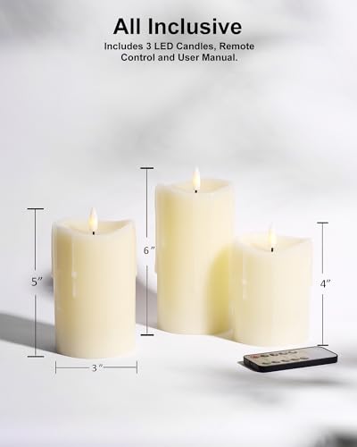 Image of Ivory Flameless Candles with Remote and Timer, Real Wax Made Wax Drip LED Pillar Candles Battery Operated with 3D Flickering Flame Melted Top - 3 inch x 4 inch,5 inch,6 inch - Set of 3