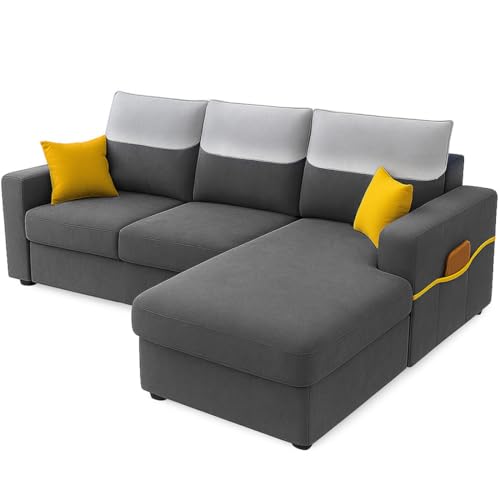 Image of Furny Tokiaa 4 Seater Fabric RHS L Shape Sofa Set (Dark Grey) | Soft Velvet Fabric | Modern Design | Comfortable Seating | Living Room Furniture