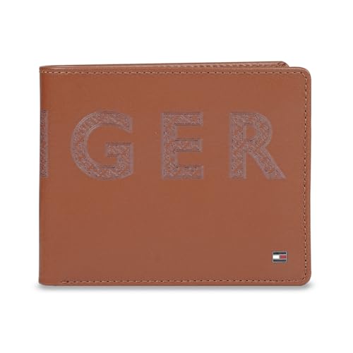 Image of Tommy Hilfiger Men's Leather Wallet Anapolis | Printed Tan Passcase Bi-Fold with 12 Card Slots, Coin Pocket | Stylish Purse for Gents