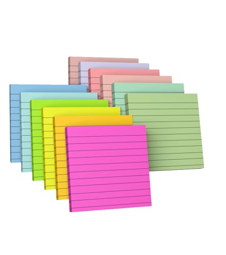 RHAWOM 12 Pads 4x4 in Lined Sticky Notes,12 Fresh Pastel Colors, Super Adhesive Post Note，35 Sheets/Pad ，School Office and Home Supplier image 1