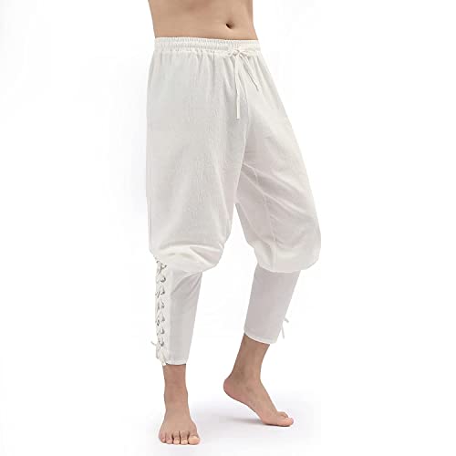Men's Medieval Ankle Tapered Banded Cuff Pants Viking Navigator Pirate Renaissance Costume Gothic Casual Trousers (White, X-Large) #TOP4