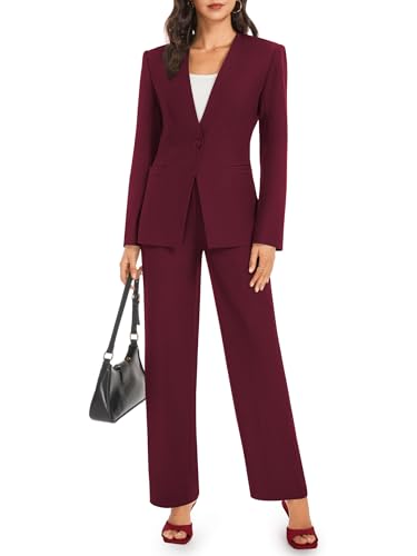 Women's 2 Piece Business Casual Outfits Collarless Blazer Jacket Wide Leg Work Pants Dressy Suit Set