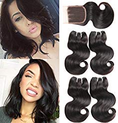 Brazilian Hair 3 Part Lace Closure Body Wave with Brazilian Virgin Hair 4 Bundles 8 Inch Short Brazilian Body Wave Human Hair Weave 50g/bundle with 4x4 Top Lace Closure Natural Color Full Head