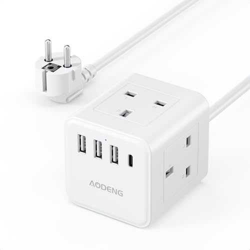 UK to European Plug Adapter with 1.5M Extension Cable Aodeng 4 Way Travel Extension Lead with 4 USB(PD 20W) Compact Type E/F Travel Adapter for Germany France Spain Poland Greece Netherlands etc.