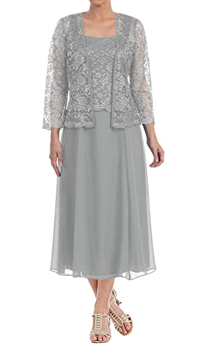 Tea Length Mother of The Bride Dresses-Lace Evening Formal Dress Chiffon Wedding Guest Groom Dress Floral Lace Jacket