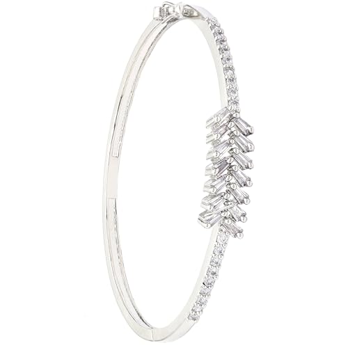 Image of ZENEME Rhodium-Plated Silver Toned American Diamond Leaf Design Openable Hinged Kada Bracelet for Women & Girls | CZ Studded Designer Hand Jewellery