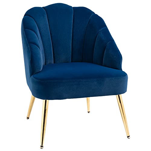 HOMCOM Poltrona Imbottita con Schienale a Conchiglia, Poltroncina da Camera e Salotto in Velluto con Gambe Dorate, per Camera da Letto e Soggiorno, Blu