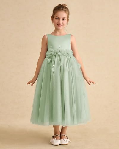Elegant 3D Flower Applique Flower Girl Dresses for Wedding Crewneck Tulle Satin Formal Party Midi Dress with Pearls3