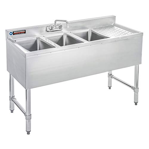 DuraSteel 3 Compartment Under Bar Sink - CEC &amp; NSF 304 Stainless Steel 3 Bay Utility Sink with No Lead Faucet - 48" L x 19" W x 33" H - Right Drainboard Commercial Restaurant Grade