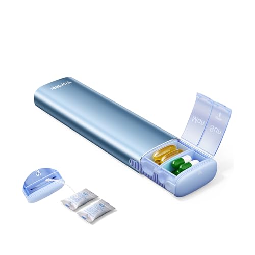 Image of Vaydeer Metal Travel Pill Organizer - Compact Weekly Pill Box for Daily Medication - Portable Small Pill Case for Vitamins, Pills & Supplements (Blue)