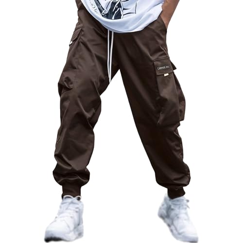 Mens Baggy Cargo Pants Relaxed Fit Elastic Waist Drawstring Casual Joggers Tapered Sweatpants with Pockets