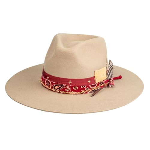 Image of RUEDIGER Vintage Wide Brim Fedora Hats 100% Wool Stiff Felt Hat Rancher Hat with Lightning Logo Handmade Distressed /Burned